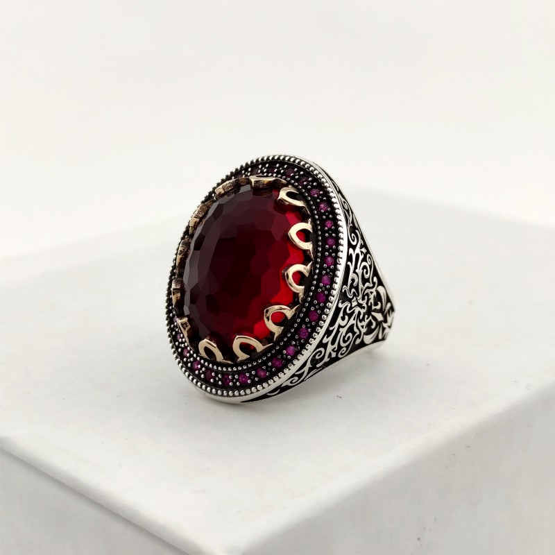 925 Ayar Gümüş Sarmaşık Desenli Kırmızı Ruby Taşlı Erkek Yüzük