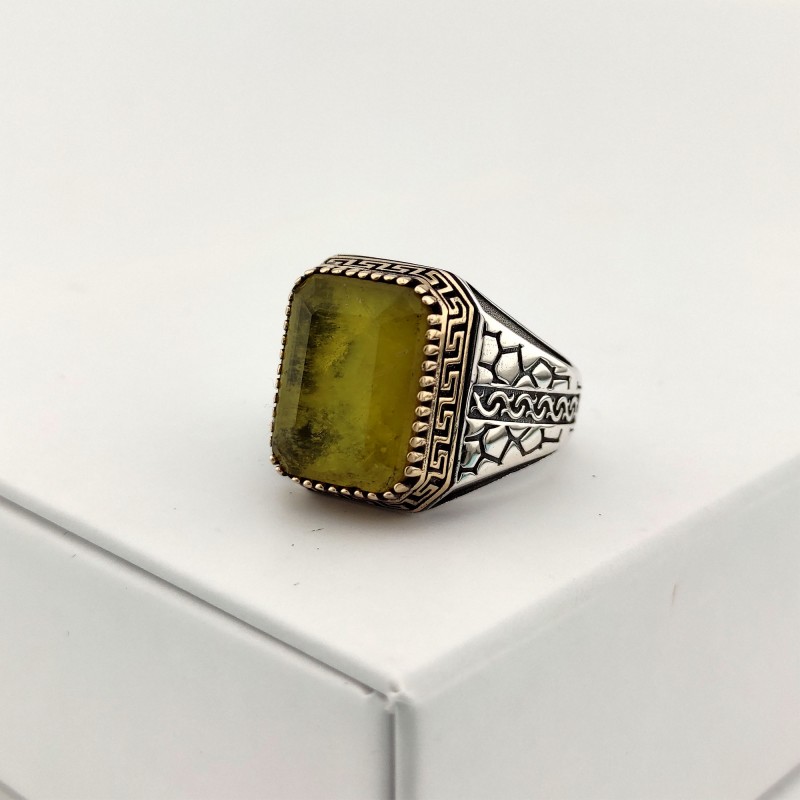 925 K Silver Yellow Paraiba Stone-set Duvar Deseni Grek Engraved Men's Ring