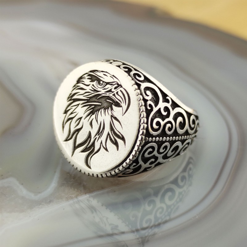 925 K Silver Eagle Kafası Engraved Men's Ring