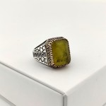 925 Ayar Gümüş Sarı Paraiba Taşlı Duvar Deseni Grek İşlemeli Erkek Yüzük