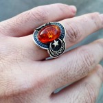 925 Ayar Gümüş Sıkma Kehribar Ay Yıldız İşlemeli Erkek Yüzük