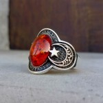 925 Ayar Gümüş Sıkma Kehribar Ay Yıldız İşlemeli Erkek Yüzük