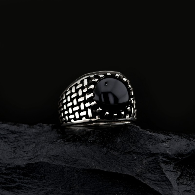 925 K Silver Black Onyx Stone-set Woven Patterned Men's Ring