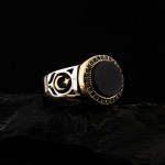 925 Ayar Gümüş Siyah Oniks Taşlı Ay Yıldız Detaylı Erkek Yüzük – Özel Tasarım