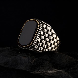 925 Ayar Gümüş Siyah Oniks Taşlı Saat Kordonu Desenli Erkek Yüzük – Modern Tasarım