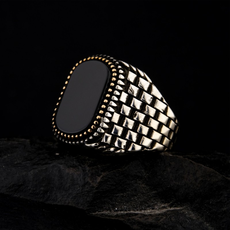 925 Ayar Gümüş Siyah Oniks Taşlı Saat Kordonu Desenli Erkek Yüzük – Modern Tasarım