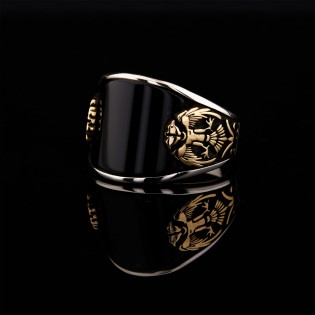 925 Ayar Gümüş Siyah Oniks Taşlı Selçuklu Kartalı Motifli Erkek Yüzük – Özel Tasarım