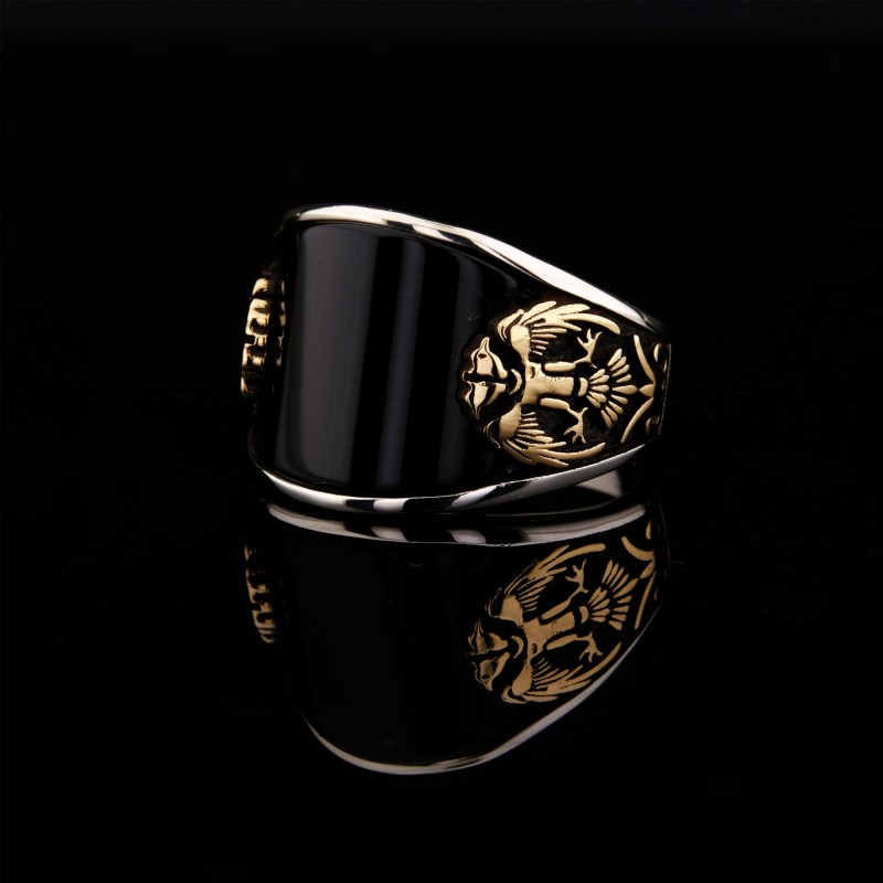 925 Ayar Gümüş Siyah Oniks Taşlı Selçuklu Kartalı Motifli Erkek Yüzük – Özel Tasarım