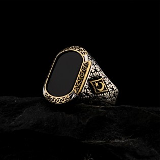 925 Ayar Gümüş Siyah Oniks Taşlı Yanları Ay Yıldız Detaylı Erkek Yüzük