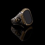 925 Ayar Gümüş Siyah Oniks Taşlı Yanları Ay Yıldız Detaylı Erkek Yüzük