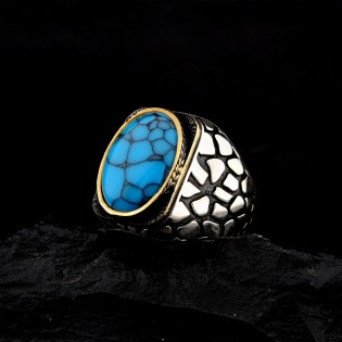 925 Ayar Gümüş Turkuaz Taşlı Duvar Desenli Erkek Yüzük