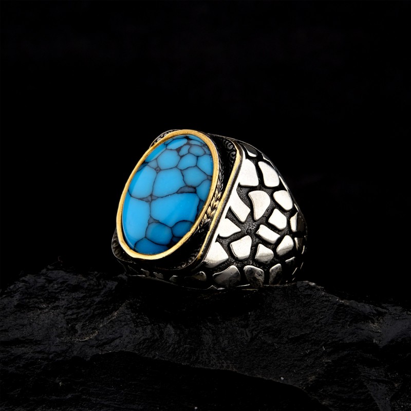 925 Ayar Gümüş Turkuaz Taşlı Duvar Desenli Erkek Yüzük