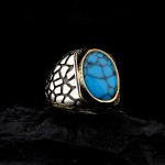 925 Ayar Gümüş Turkuaz Taşlı Duvar Desenli Erkek Yüzük