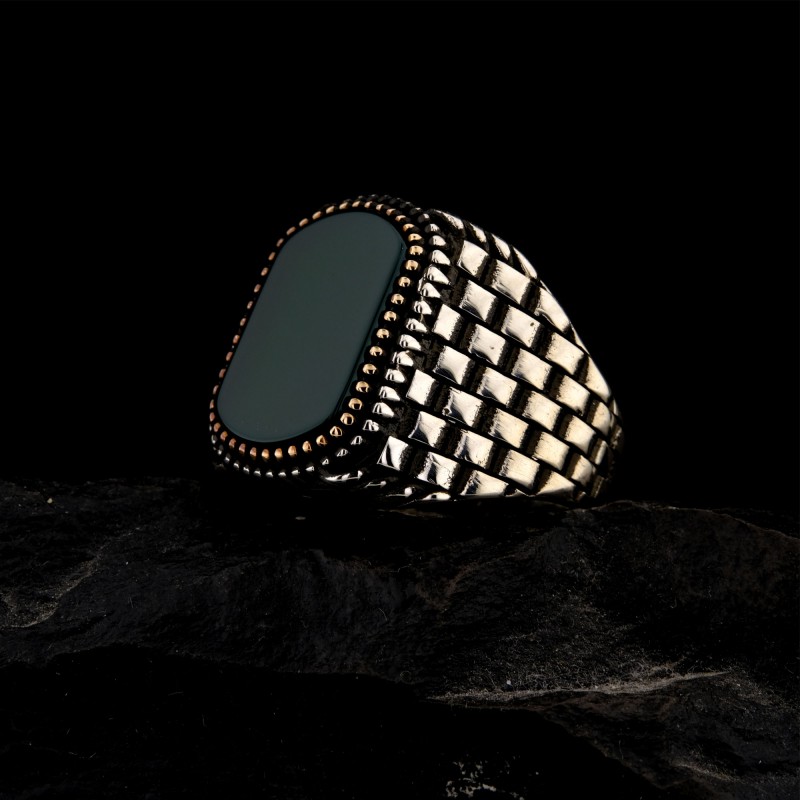 925 Ayar Gümüş Yeşil Akik Taşlı Saat Kordonu Model Erkek Yüzük