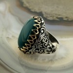 925 Ayar Gümüş Yeşil Akik Taşlı Bronz Tırnaklı Erkek Yüzük