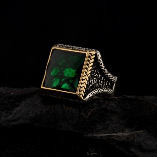 925 Ayar Gümüş Yeşil Taşlı Başak Desenli Erkek Yüzük
