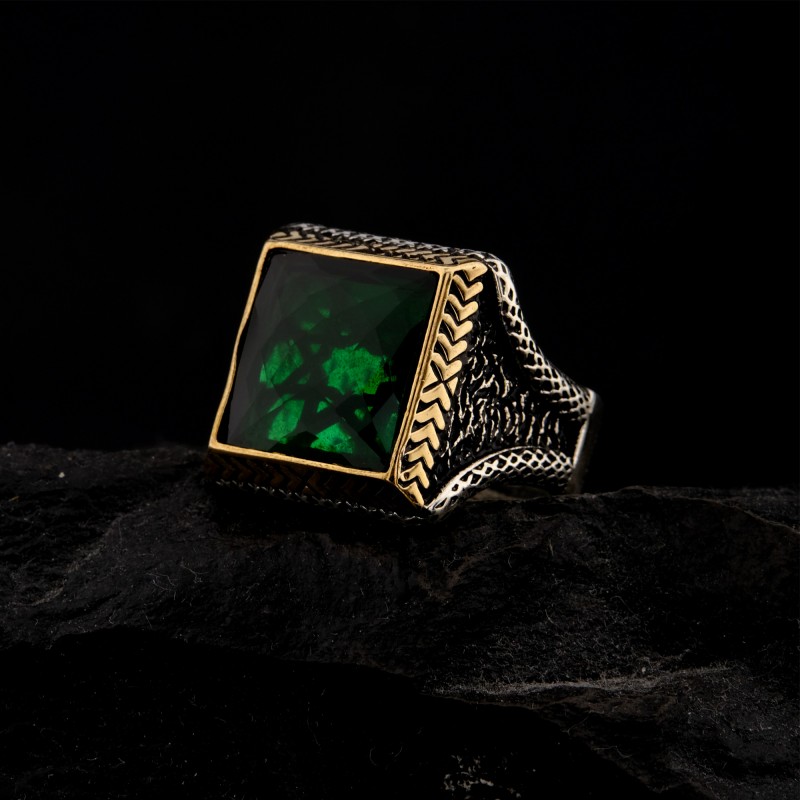 925 Ayar Gümüş Yeşil Taşlı Başak Desenli Erkek Yüzük