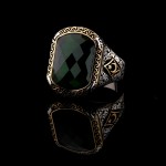 925 Ayar Gümüş Yeşil Taşlı Ay Yıldız Detaylı Erkek Yüzük