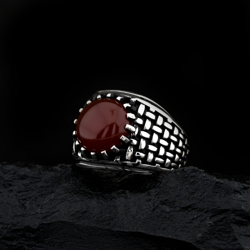925 K Silver Round Red Stone-set Woven Patterned Men's Ring
