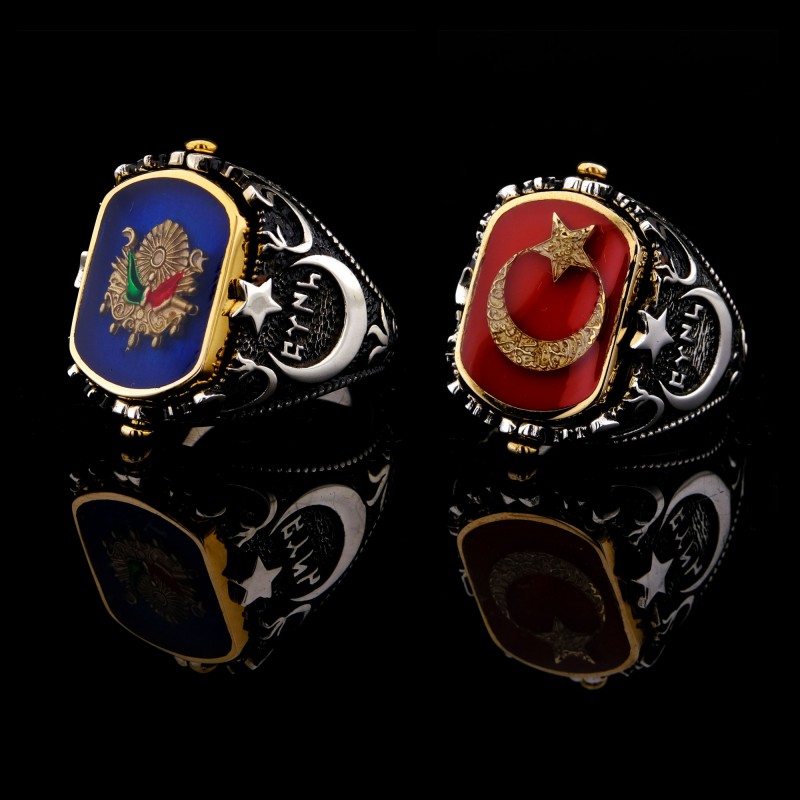 925 Ayar Gümüş Çift Taraflı Osmanlı Devlet Arması ve Ay Yıldız Erkek Yüzük – Özel Tasarım