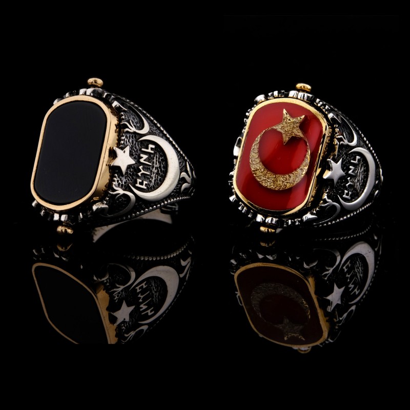 925 Ayar Gümüş Ay Yıldız ve Siyah Taşlı Çift Taraflı Erkek Yüzük