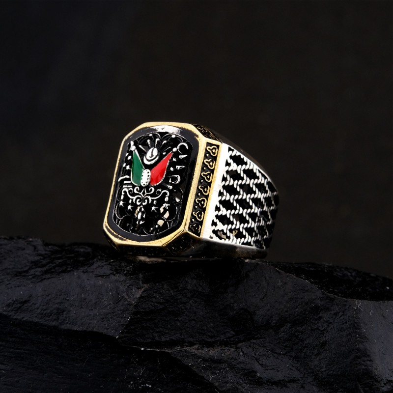 925 Ayar Gümüş Mineli Osmanlı Devlet Armalı Erkek Yüzük