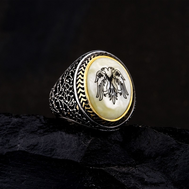 925 Ayar Gümüş Selçuklu Kartalı İşlemeli Sedef Taşlı Erkek Yüzük
