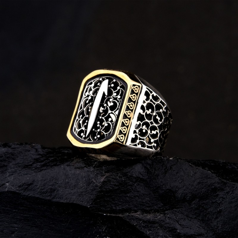 925 Ayar Gümüş Telkari Detaylı Elif İşlemeli Erkek Yüzük