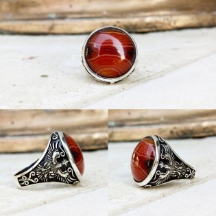 Akik taşlı zümrüdü anka motifli erkek gümüş yüzük