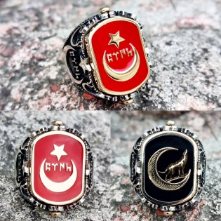 925 Ayar Gümüş Kırmızı Mineli Ay Yıldız Siyah Mineli Bozkurt Yüzük