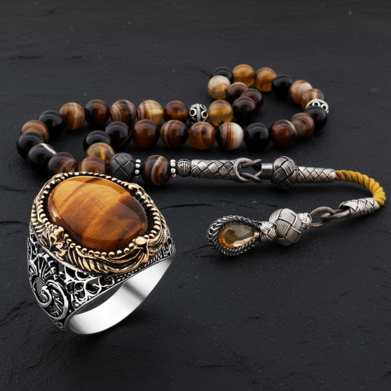 925 Ayar Gümüş Kaplan Gözü Taşlı Vav Yüzük ve Madagaskar Akik Tesbih Kombini