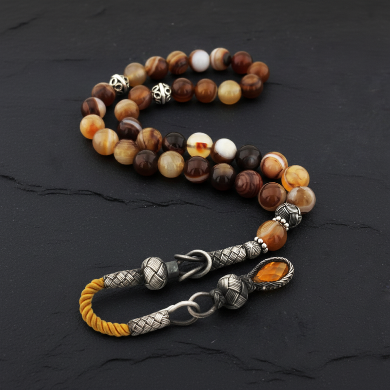 925 Ayar Gümüş Püsküllü Akik Taşlı Tesbih