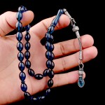 1000 Ayar Gümüş Püsküllü Arpa Kesim Mavi Renk Ateş Kehribar Tesbih