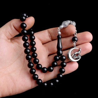 925 Ayar Gümüş Hilal Kurt Model Püsküllü Ateş Kehribar Tesbih