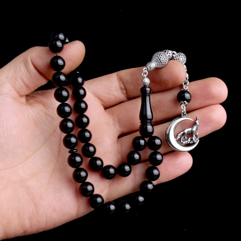 925 Ayar Gümüş Hilal Kurt Model Püsküllü Ateş Kehribar Tesbih