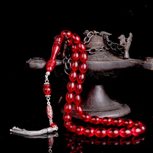 925 Ayar Gümüş Mineli Püsküllü Kırmızı Renk Ateş Kehribar Tesbih