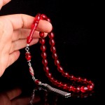 925 Ayar Gümüş Mineli Püsküllü Kırmızı Renk Ateş Kehribar Tesbih