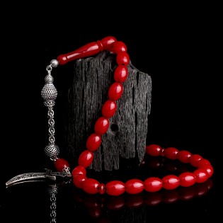 925 Ayar Gümüş Püsküllü Hz Ali Model Bordo Renk Ateş Kehribar Tesbih