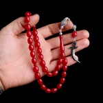 925 Ayar Gümüş Püsküllü Hz Ali Model Bordo Renk Ateş Kehribar Tesbih