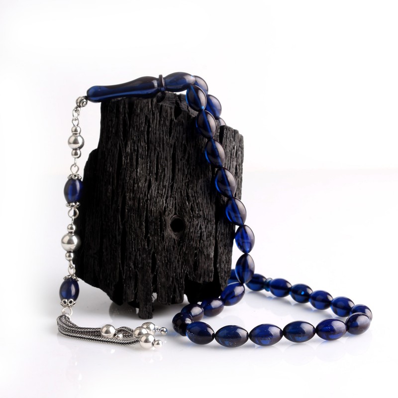 925 ayar Gümüş Püsküllü Parlament Mavisi Arpa Kesim Ateş Kehribar Tesbih