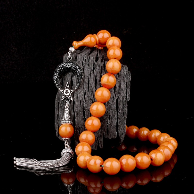 Eskitme Model Sıkma Kehribar Tesbih Ayyıldız Mikro Taşlı 925 Ayar Gümüş Püsküllü