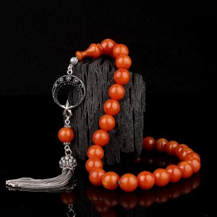 Eskitme Model Sıkma Kehribar Tesbih Ayyıldız Mikro Taşlı Fizyon 925 Ayar Gümüş Püsküllü0