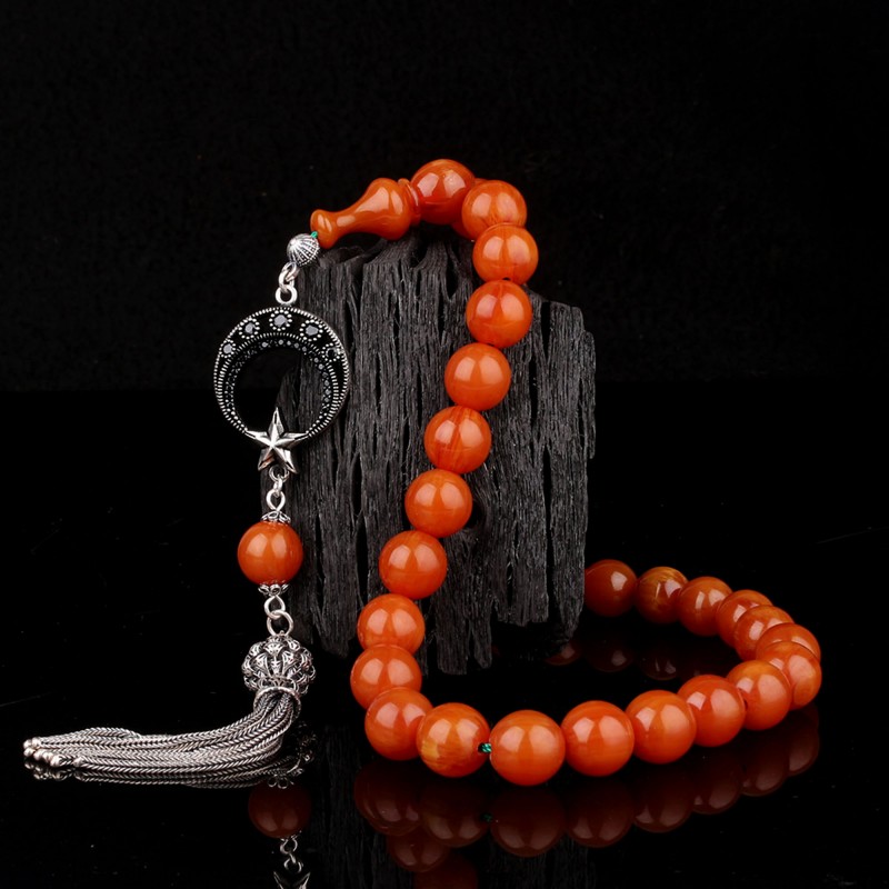 Eskitme Model Sıkma Kehribar Tesbih Ayyıldız Mikro Taşlı Fizyon 925 Ayar Gümüş Püsküllü0