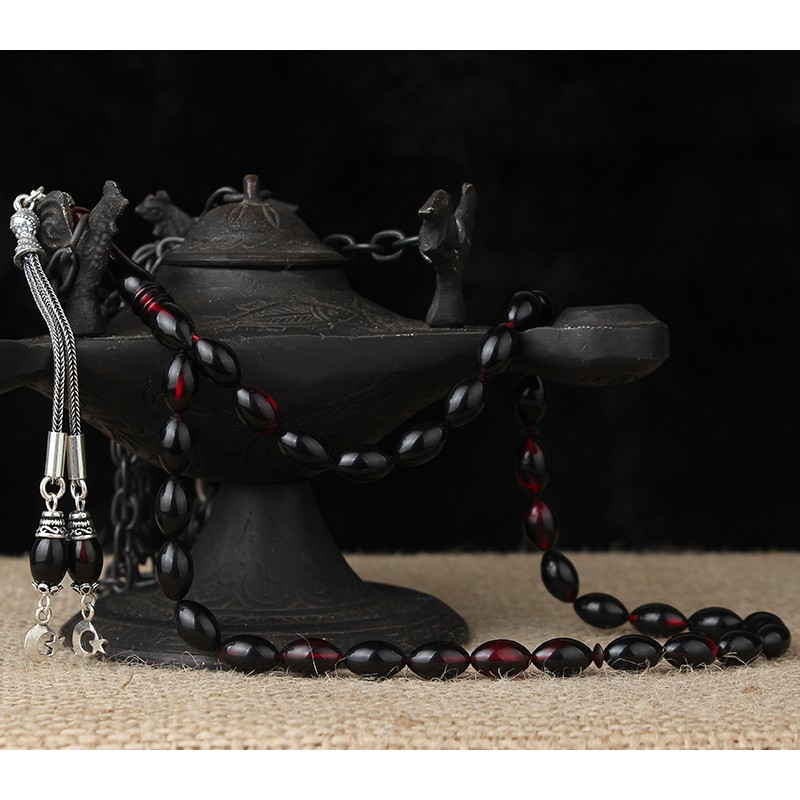 GÜMÜŞ AYYILDIZ PÜSKÜLLÜ KIRMIZI SİYAH SIKMA KEHRİBAR TESBİH