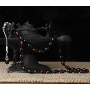 GÜMÜŞ TUĞRAPÜSKÜLLÜ KIRMIZI SİYAH SIKMA KEHRİBAR TESBİH