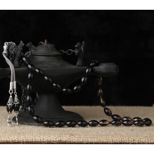 GÜMÜŞ ÜÇ HİLAL PÜSKÜLLÜ SİYAH RENK SIKMA KEHRİBAR TESBİH