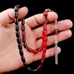 Süzme Renk Kapsül Kesim 925 Ayar Gümüş Mineli Püsküllü Ateş Kehribar Tesbih