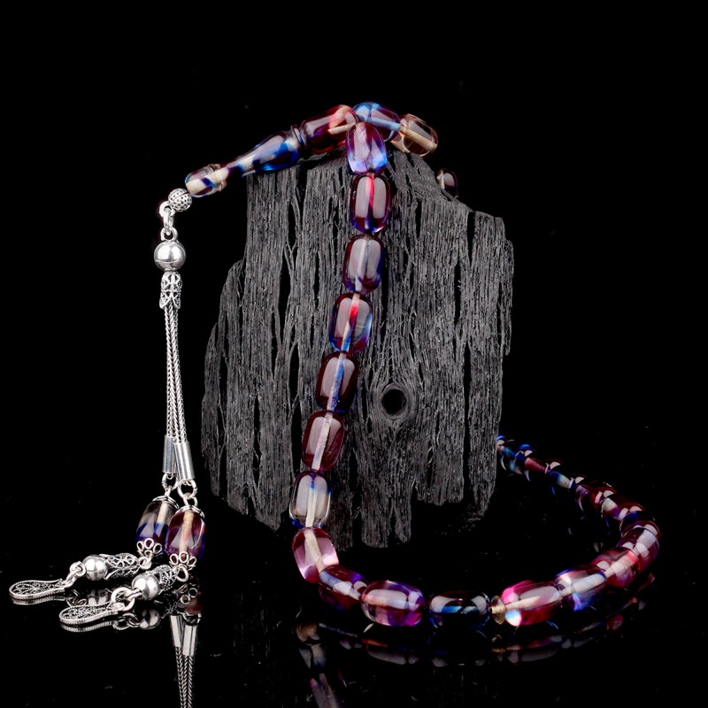 Süzme Renk Kapsül Kesim 925 Ayar Gümüş Püsküllü Ateş Kehribar Tesbih