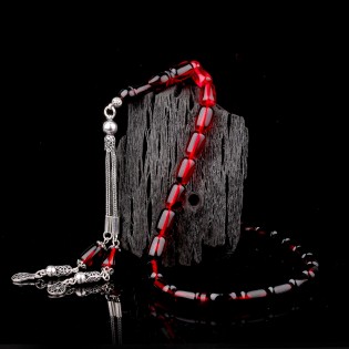 Süzme Renk Kapsül Kesim 925 Ayar Gümüş Püsküllü Ateş Kehribar Tesbih