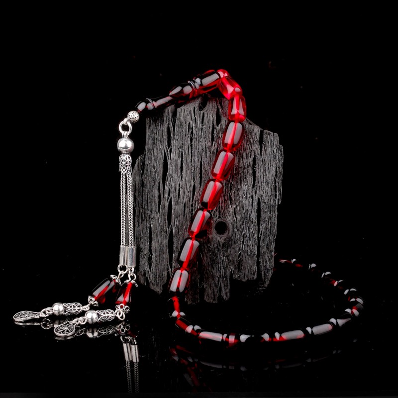 Süzme Renk Kapsül Kesim 925 Ayar Gümüş Püsküllü Ateş Kehribar Tesbih